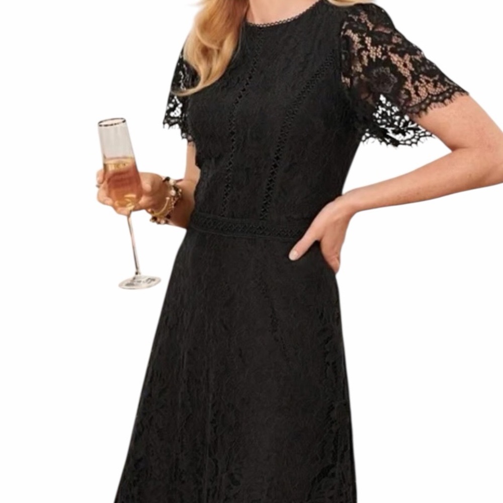 Talbots Black Lace Short Sleeve Fit and Flare Dress 12P
